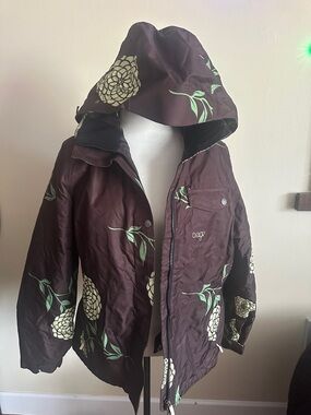 Orage Brown Floral Hooded Jacket with Mint Accents